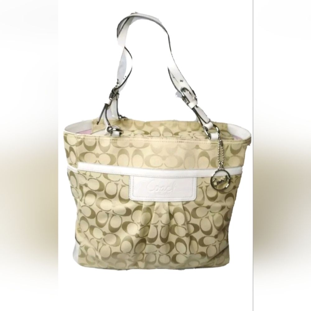 Coach Signature Pleated Large Gallery Tote Khaki~White Handbag 14670 Retail $358